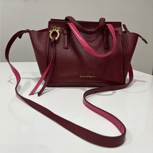 Ferragamo Amy Small Tote Burgundy Pebbled Leather Gancini Crossbody Bag